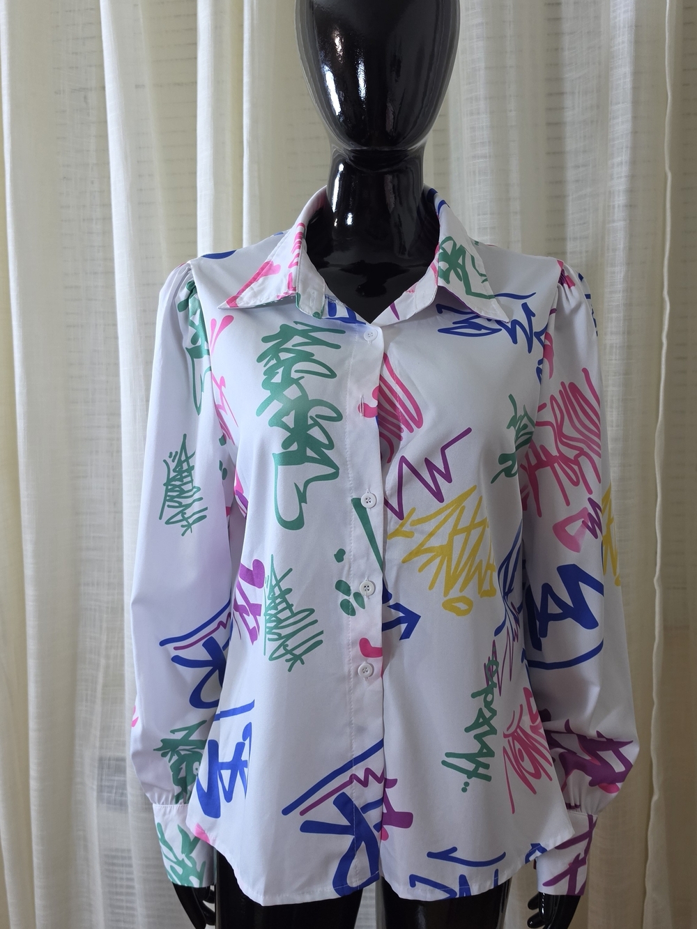 White Graffiti-Print Button-Down Shirt with Multicolor Accents